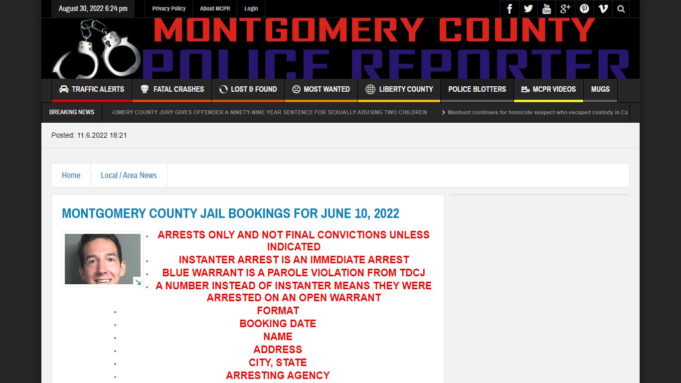 MONTGOMERY COUNTY JAIL BOOKINGS FOR JUNE 10, 2022